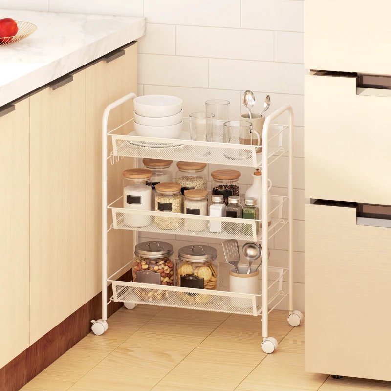 HOMCOM Carrito de 3 niveles con cestas, carrito con ruedas, carro de almacenamiento rodante 45 x 26,5 x 63 cm blanco