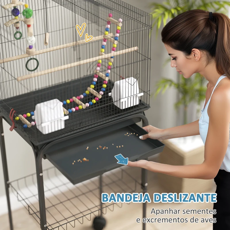 PawHut Gaiola para Passáros Gaiola de Metal com Portas 4 Comedouros 3 Poleiros Baloiço Escadas e Bandeja Removível 46x36x120 cm Preto