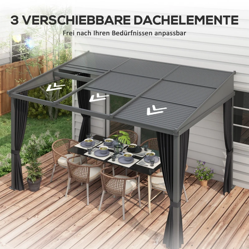 Outsunny Pergola 3,65m x 2,55m paviljoen met schuifdak, grijze gordijnen