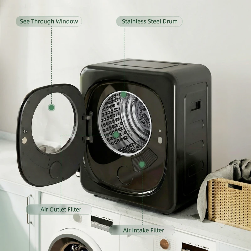 HOMCOM 4kg Vented Tumble Dryer with 5 Drying Mode, 800W Compact Freestanding Front Tumble Dryer Black