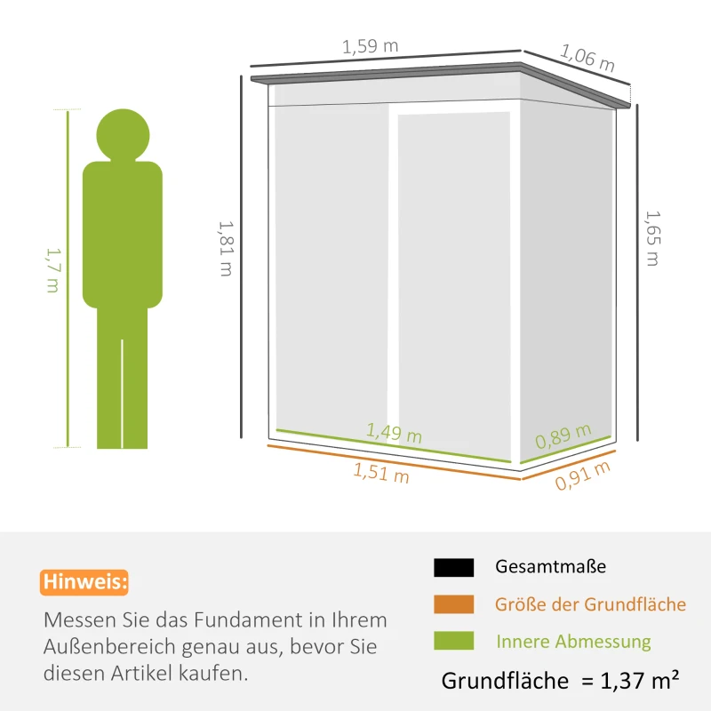 Outsunny Metall Gerätehaus 1,37 m², Geräteschuppen mit müheloser Montage Pultdach Schiebetür Lüftungen Handschuhen