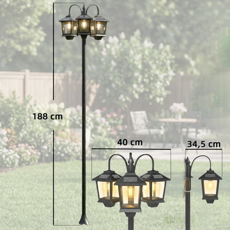 Outsunny Solar-Außen-Standlaterne mit 3 Köpfen, Garten-Standlampe, LED-Beleuchtung, automatischer Dämmerungs-/Morgensensor, schwarz