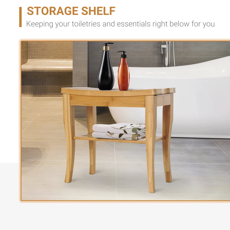 HOMCOM Ławka prysznicowa bambusowa z półką siedzisko krzesło do łazienki naturalne 47,5 x 26 x 44,5 cm