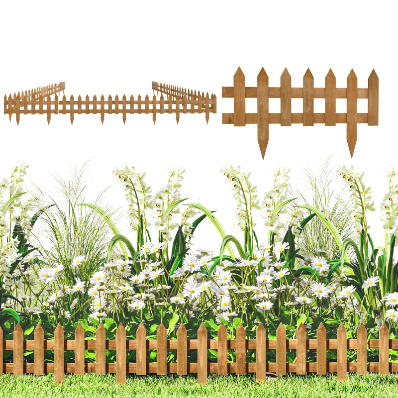 Outsunny Pack of 12 Wooden Border Fences, Garden Fixed Picket Fence for Lawn Edging, Flowerbed, 60L x 1D x 34H cm, Brown