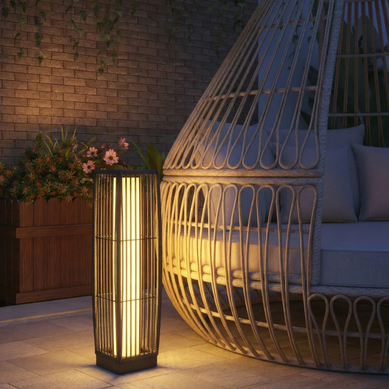 Outsunny Solar Rattan Floor Lamp, Outdoor Garden Lantern with Auto On/Off LED Lights, IP44 for Patio, Terrace, Dark Grey