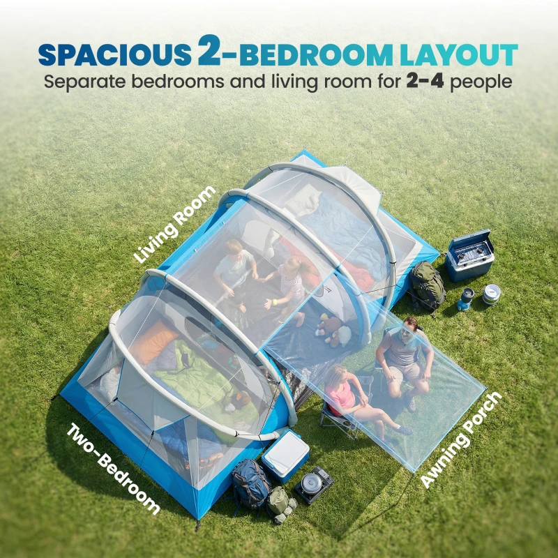 Outsunny Inflatable Tent 2 Bedroom 3000mm Waterproof Windproof Air Tent with Carry Bag for 2-4 Person