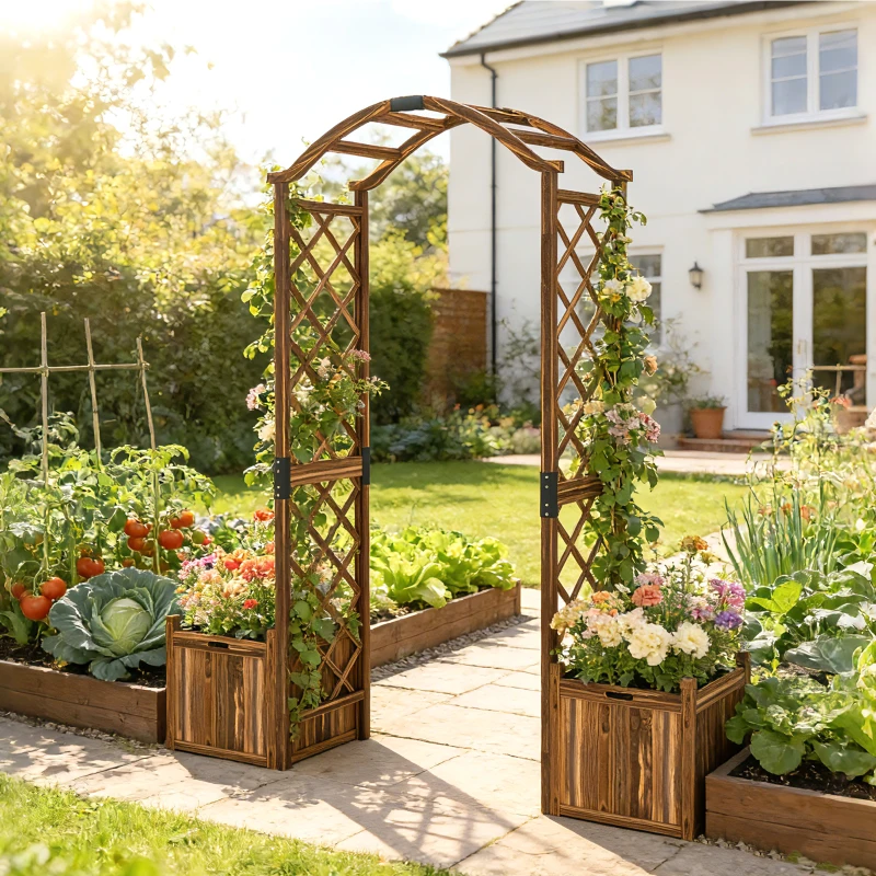 Outsunny Wooden Garden Arch with 2 Planter Boxes, Outdoor Rose Arch Trellis for Climbing Vines, Carbonised