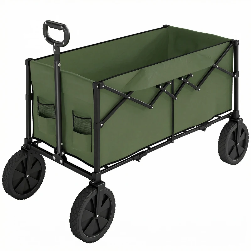 Outsunny 95L Foldable Festival Trolley on Wheels, Collapsible Wagon Cart with Adjustable Handle and 2 Cup Holders, Dark Green
