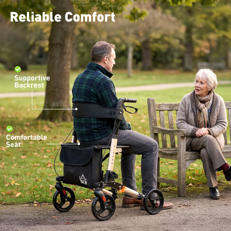 HOMCOM Rollator Walker with Seat, Compact Quick Folding Mobility Walker with 8" Wheels, Carry Bag, Adjustable Height, Cane Holder and Lightweight Aluminium Frame for Seniors and Disabled, Gold Tone