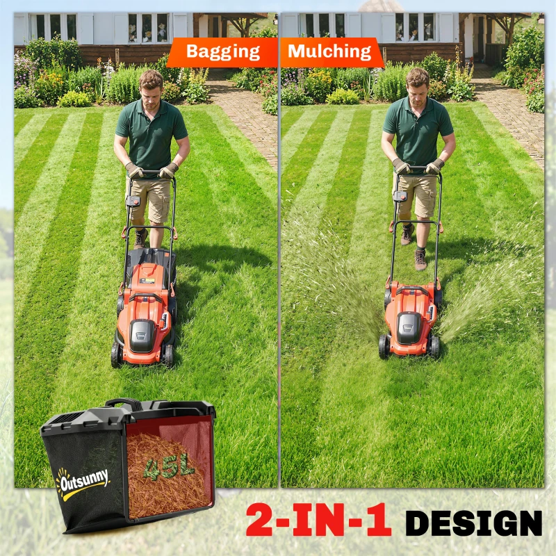 Outsunny Elektrische Grasmaaier 800 W met 40 cm Snijbreedte 45L Vangbak Accu-indicator Overbelastingsbeveiliging 7 Maaihoogtes