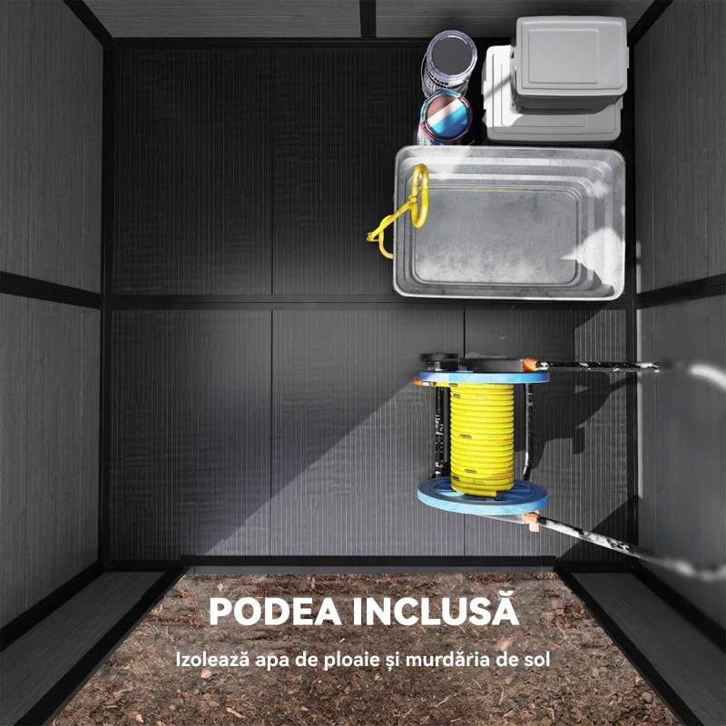 Outsunny Magazie de Grădină 2.89m² din PP și Aluminiu cu Podea, Depozit Grădină cu Uși Duble cu Încuietoare, Aerisiri, 3 Ferestre, Acoperiș Înclinat, Mănuși, Gri Închis