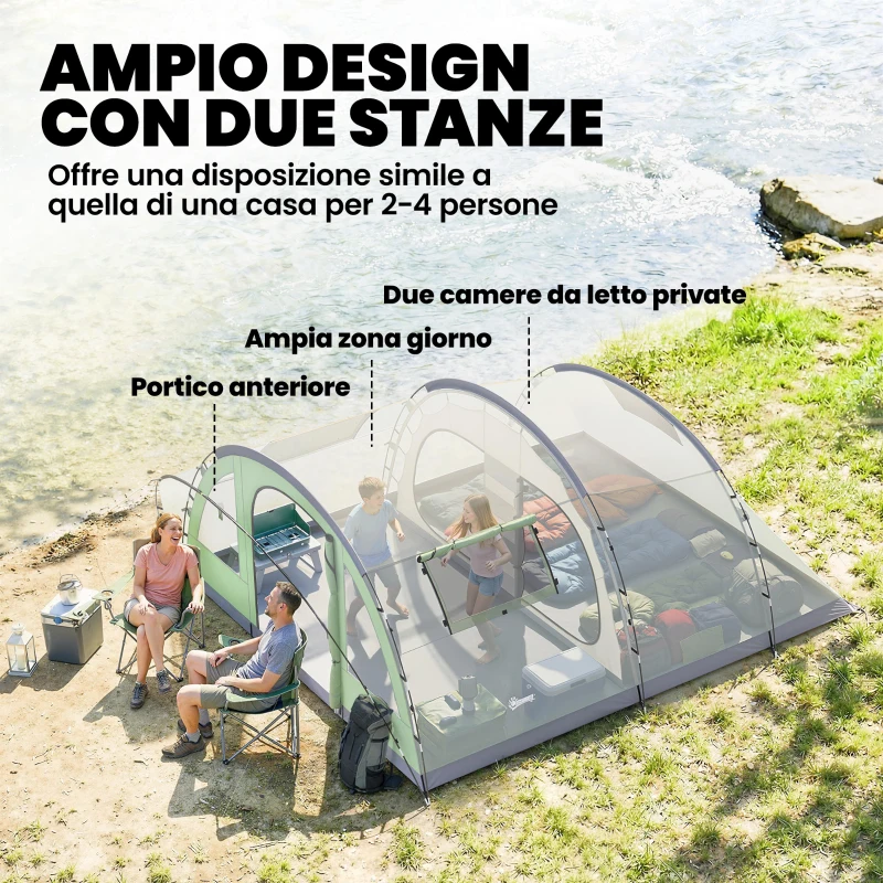 Outsunny Tenda da Campeggio per 4 Persone Multi-Stanza, con Finestre e Veranda, Verde