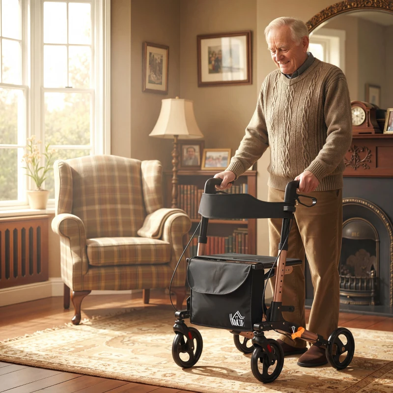 HOMCOM Rollator Walker with Seat, Compact Quick Folding Mobility Walker with 8" Wheels, Carry Bag, Adjustable Height, Cane Holder and Lightweight Aluminium Frame for Seniors and Disabled, Gold Tone