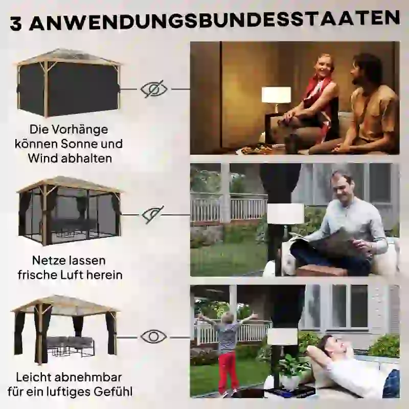 Outsunny Gartenpavillon ca. 4x3m Aluminium Pavillon mit Polycarbonat-Dach 6 mm Moskitonetz 4 Seitenteile Holzoptik Naturholz