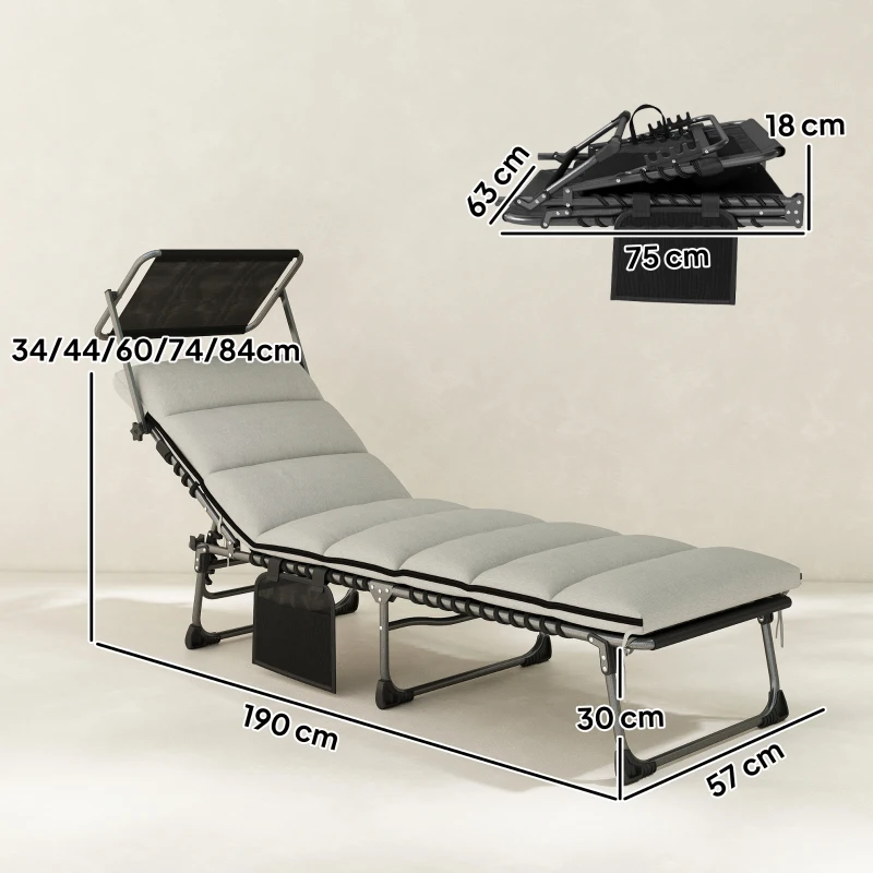 Outsunny Folding Sun Lounger with Canopy, Reclining Sunbed with Cushion, Side Pocket, Carrying Handle, Light Grey
