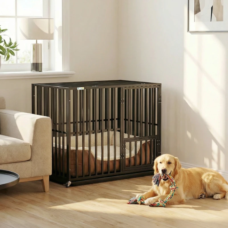 PawHut Heavy Duty Dog Crate, Dog Cage with Wheels for Medium Large Breeds, Metal Pet Kennel with Removable Tray