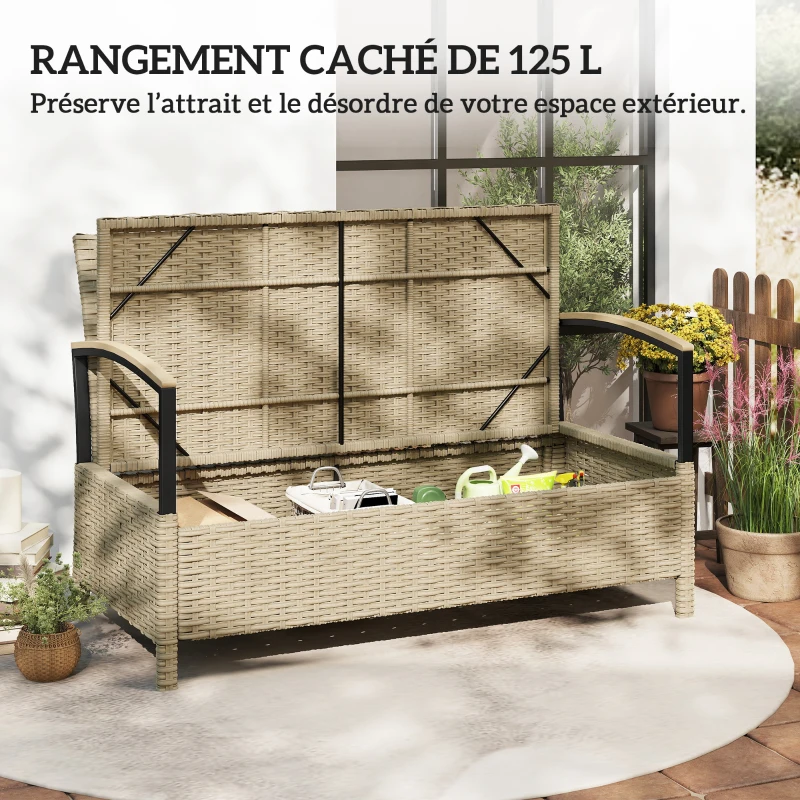 Outsunny Banc de Rangement de Jardin en Résine Tressée Coffre Extérieur 125L avec Structure en Acier Stable 123x70x82cm Kaki