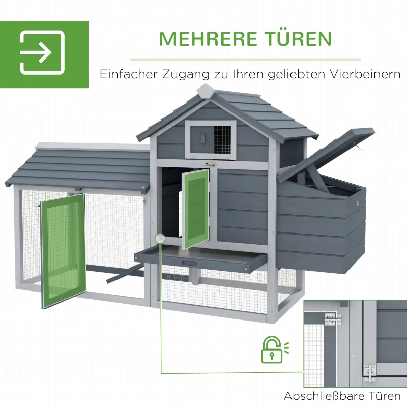 PawHut Kippenhok voor Dwergkippen met Buitenren Legnest en Uitschuifbare Bodemlade 150,5 cm x 54 cm x 87 cm Natuurhout Grijs(m-5)