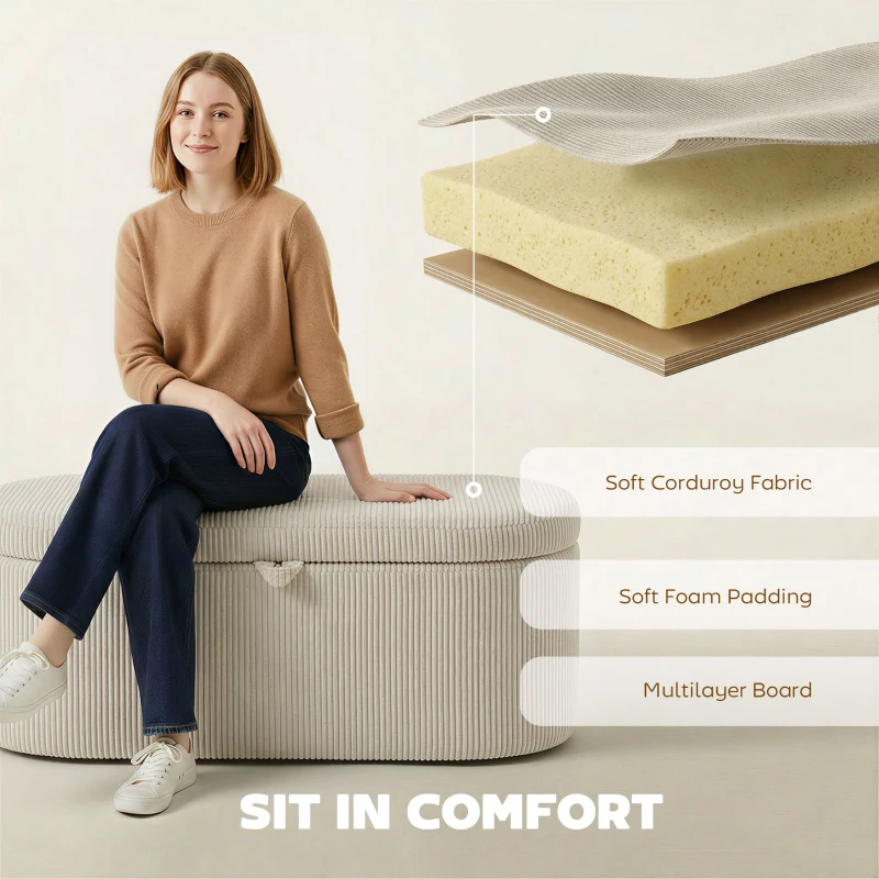 HOMCOM Opbergottoman, Corduroy Bekleding met Gewatteerde Zitting, Bank aan het Voeteneinde, 105 x 51 x 49 cm, Beige
