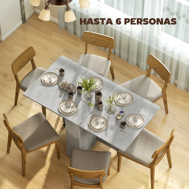 HOMCOM Mesa de Cocina Plegable con Ruedas 2 Estantes de Almacenaje y 2 Alas Abatibles Estilo Moderno 75x140x74 cm Gris Cemento