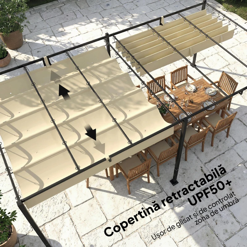 Outsunny Pergolă Gazebo 5.7x2.95 m, Pergolă de Grădină cu Acoperiș Retractabil și Glisant, Găuri de Drenaj, din Poliester și Metal, Pergolă pentru Exterior, Terasă, UV50+, Bej