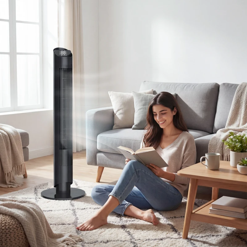 HOMCOM Tower Fan with WiFi App Control Standing Floor Cooling Fan Remote Control 101.8 cm Black
