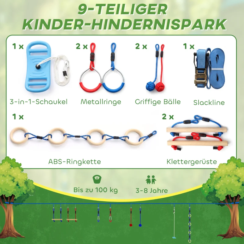 AIYAPLAY Ninja Line kinderen 10 m 9-delig Slackline Set met 2 turnringen, 3-in-1 schommel, 2 klimstangen voor 3-8 jaar meerkleurig
