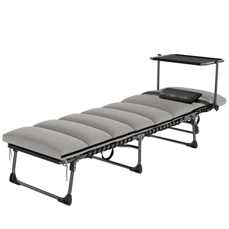 Outsunny Folding Sun Lounger with Canopy, Reclining Sunbed with Cushion, Side Pocket, Carrying Handle, Light Grey
