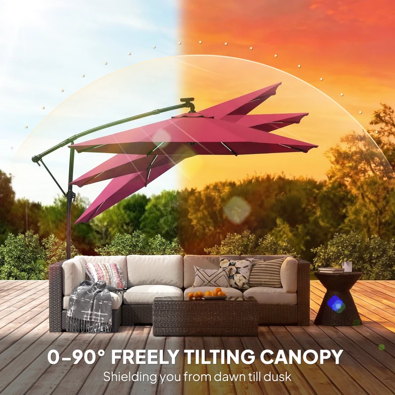 Outsunny 3 m Garden Cantilever Parasol with LED Solar Light, Round Overhanging Umbrella with 360° Rotation, Cover, Wine Red