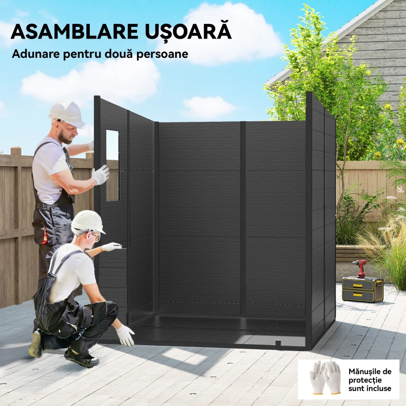 Outsunny Magazie de Grădină 2.89m² din PP și Aluminiu cu Podea, Depozit Grădină cu Uși Duble cu Încuietoare, Aerisiri, 3 Ferestre, Acoperiș Înclinat, Mănuși, Gri Închis