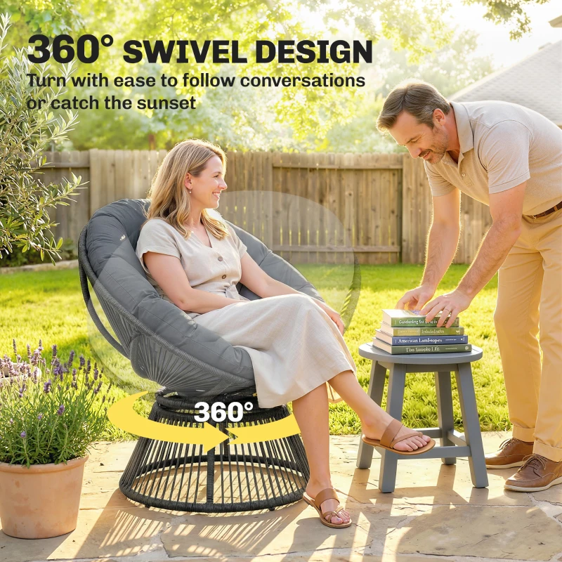 Outsunny Papasan-stoel 360° draaibaar Rieten stoel met Kussen Stalen frame Ronde Loungestoel Grijs