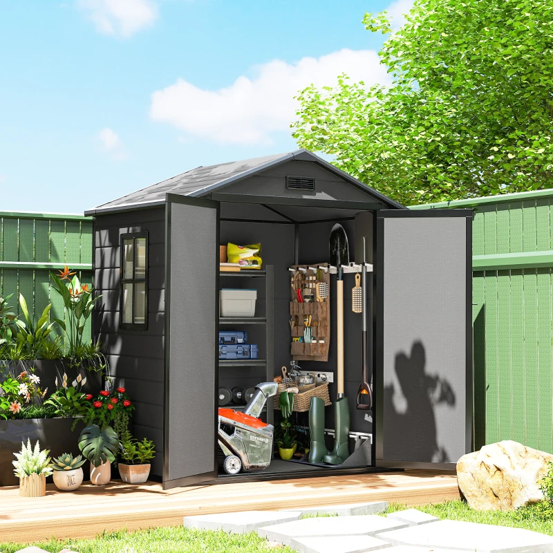 Outsunny 6'x4.5' Garden Storage Shed, Lockable Garden Shed with Double Doors, Window, Vent and Plastic Roof, Dark Grey