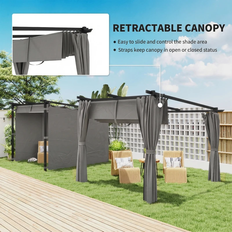 Outsunny 3 x 3 m Retractable Roof Pergola, with Curtains - Light Grey