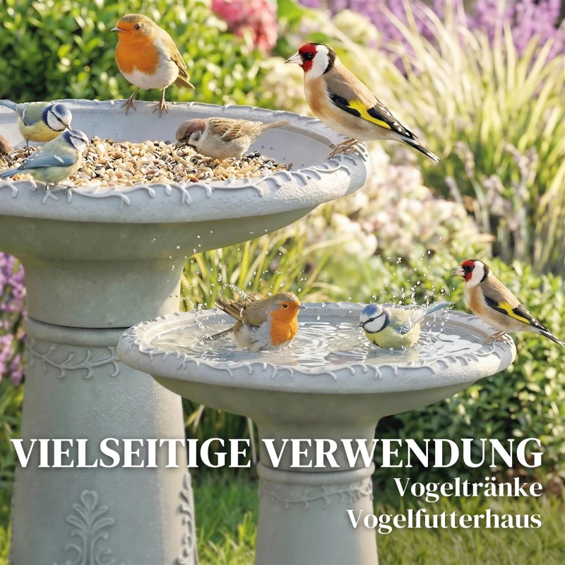 Outsunny Vogelbad van hars voor buiten, rond vogelbad 51 cm met steenlook, vrijstaand voeder- en drinkstation voor vogels, Grijs