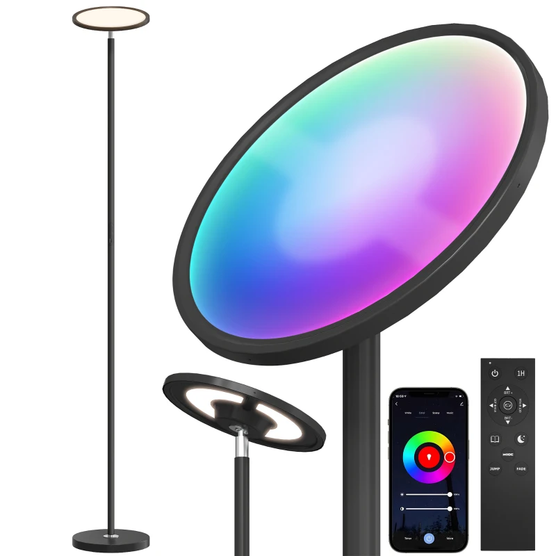 HOMCOM Uplighter Floor Lamp with Tuya App and Music Sync, Standing Lamp with Adjustable Head for Living Room Bedroom, Black
