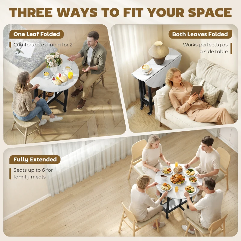 HOMCOM Folding Dining Table, Drop Leaf Table with Open Shelf, Rolling Kitchen Table for Dining Room, Small Spaces, White Marble