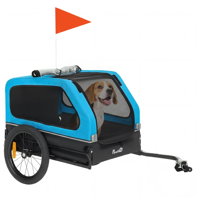 PawHut Dog Bike Trailer with Flip-Down Ramp Tailgate, Quick Release Frame, Universal Bicycle Coupler, Reflectors, Blue
