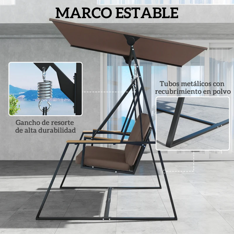 Outsunny Columpio de Jardín Exterior de 3 Plazas con Techo Ajustable 2 Bandejas Cojines y Marco de Metal Carga 360 kg Marrón