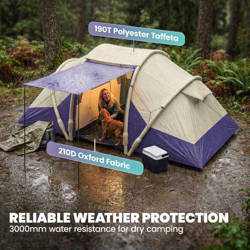 Outsunny Inflatable Tent 2 Bedroom 3000mm Waterproof Windproof Air Tent with Carry Bag for 2-4 Person