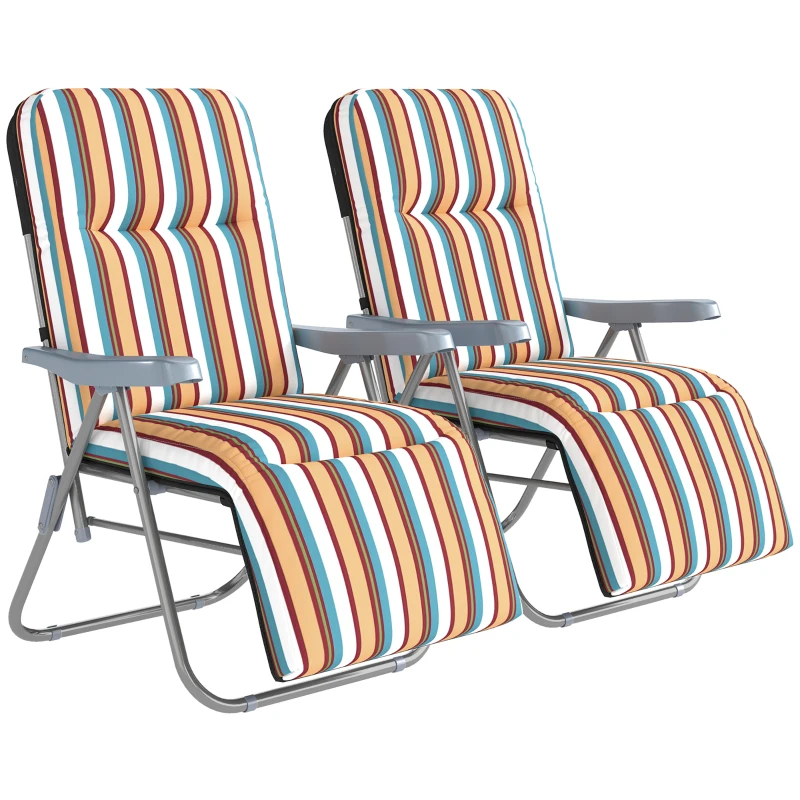 Outsunny Set of 2 Foldable Patio Sun Lounger with Adjustable Backrest and Cushion, Multicoloured
