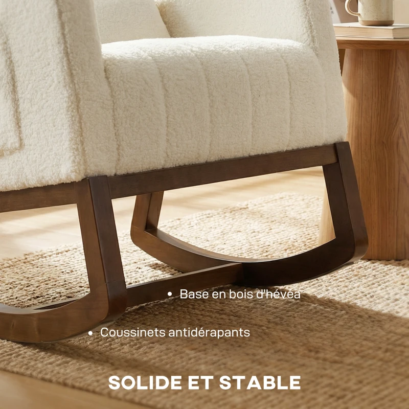 HOMCOM Fauteuil à bascule, rocking chair en flanelle neige rembourré, coussin lombaire, dossier haut, poches latérales, crème
