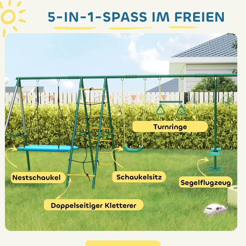 AIYAPLAY 5-in-1 schommelrek met verstelbare nestschommel, turnringen, tweezitter, klimrek voor 3-8 jaar 440x175x203 cm