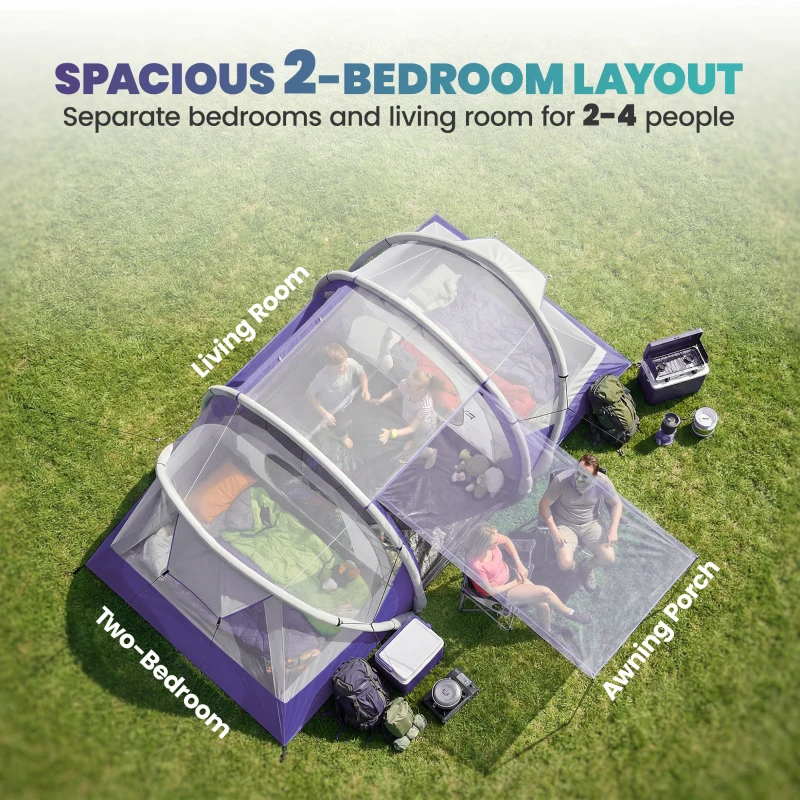 Outsunny Inflatable Tent 2 Bedroom 3000mm Waterproof Windproof Air Tent with Carry Bag for 2-4 Person