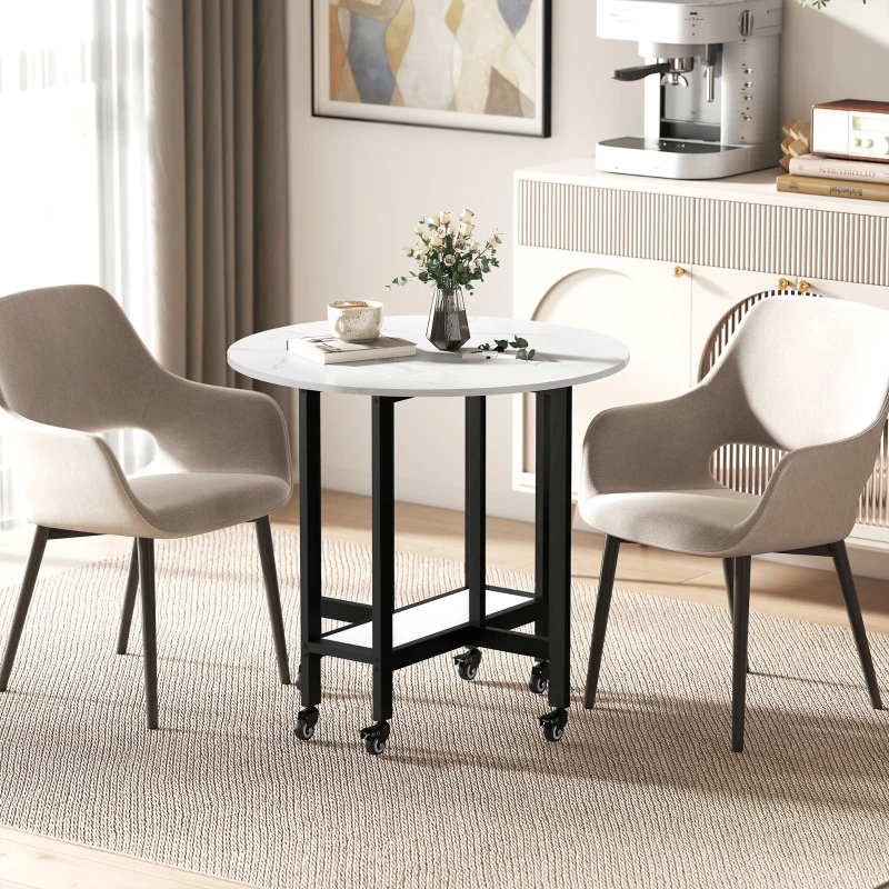 HOMCOM Folding Dining Table, Drop Leaf Table with Open Shelf, Rolling Kitchen Table for Dining Room, Small Spaces, White Marble