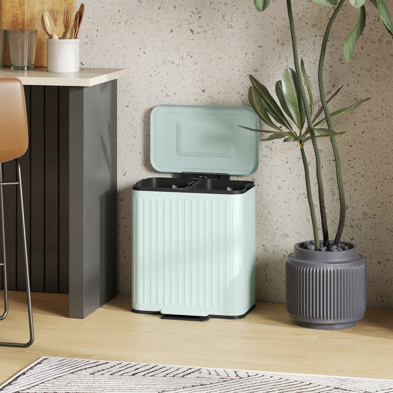 HOMCOM Keukenprullenbak, 2 x 20 L compartimenten, efficiënte afvalscheiding, voetpedaal, kunststof, metaal, groen