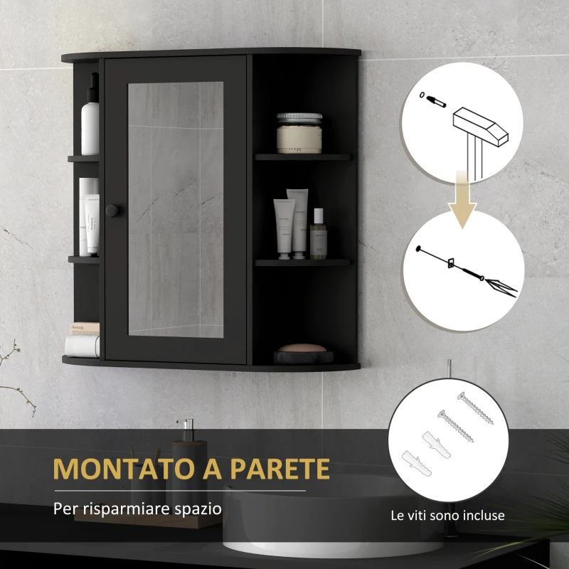 HOMCOM Specchiera Bagno con 6 Ripiani Aperti e 2 Chiusi, in Legno e Vetro, 66x17x63 cm, Nero