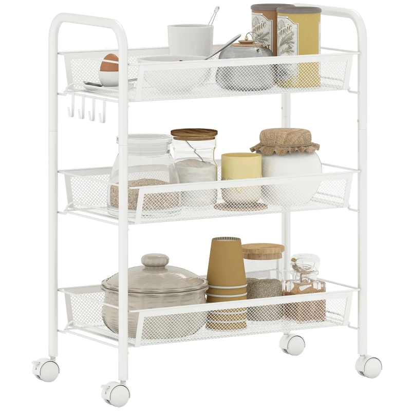 HOMCOM Carrinho de 3 níveis com cestos carrinho com rodas carrinho de arrumação 45 x 26,5 x 63 cm branco