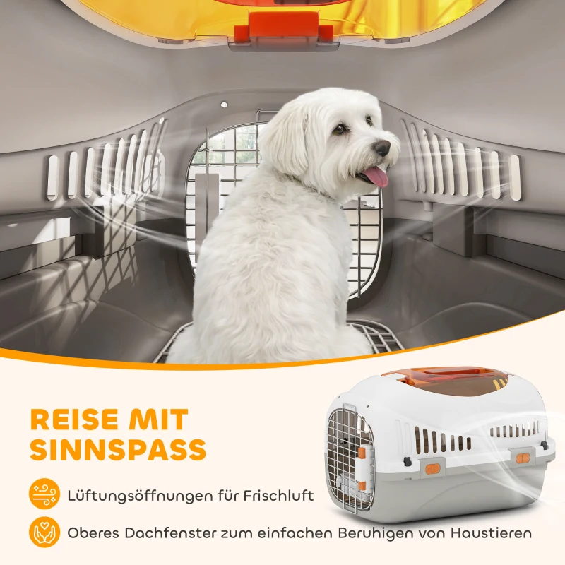 PawHut Transportbox voor kat en miniatuurhonden tot 4 kg, hondenbox met dakopening en voerbak, 49x32x31 cm, lichtgrijs