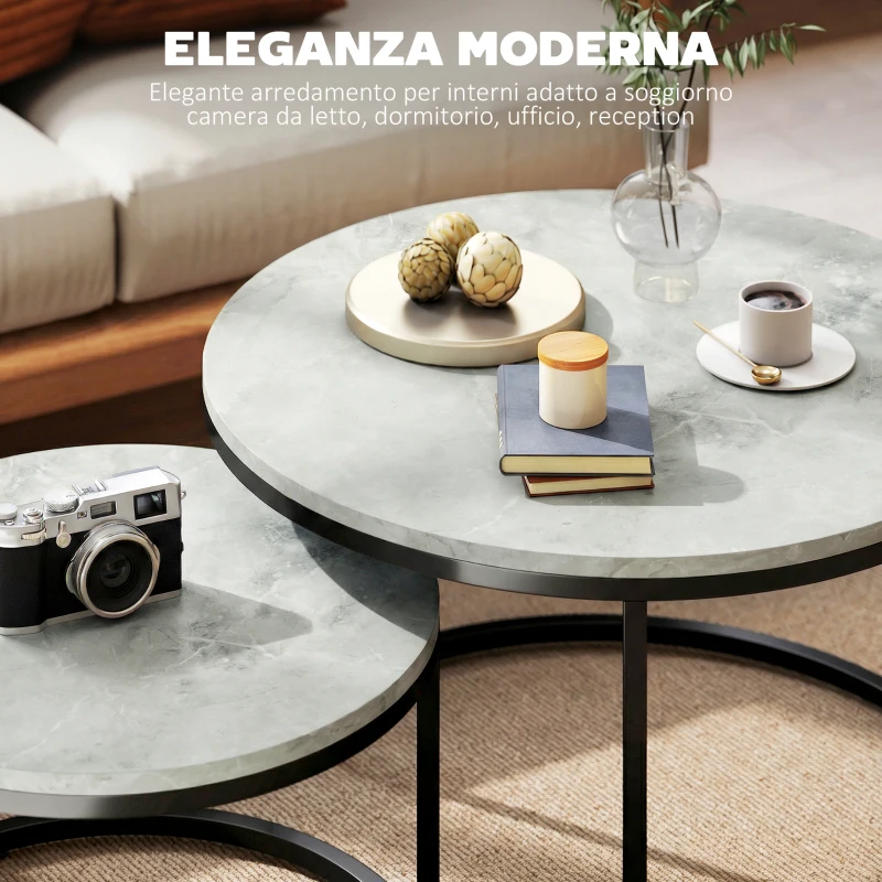 HOMCOM Set 2 Tavolini da Salotto Rotondi con Piano Effetto Marmo, in Legno e Metallo, Grigio Marmo