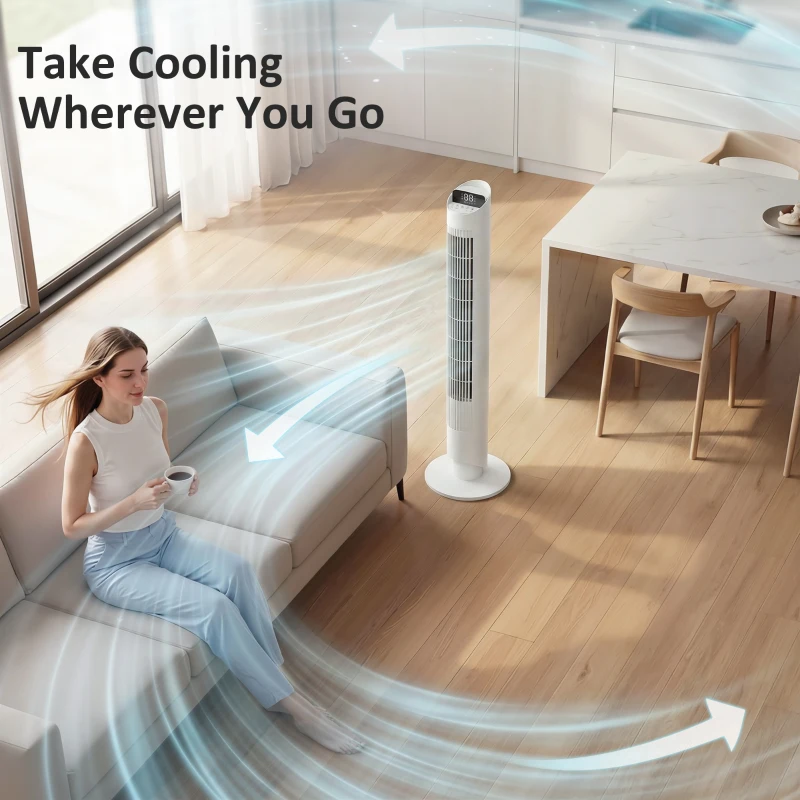 HOMCOM Tower Fan with WiFi App Control Standing Floor Cooling Fan Remote Control 101.8 cm White